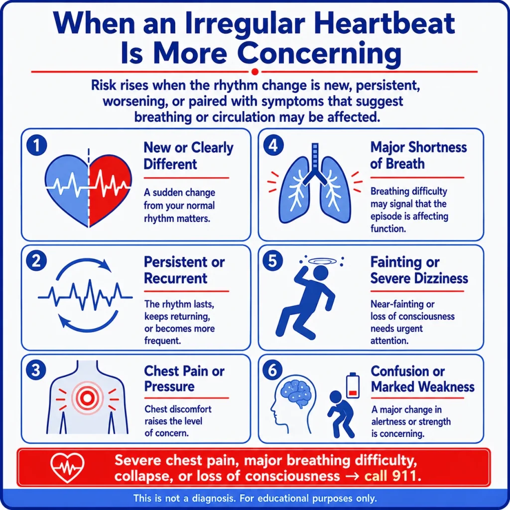 When Is an Irregular Heartbeat Dangerous? Warning Signs That Need Urgent Evaluation 1 Irregular heartbeat warning signs infographic showing new or persistent rhythm changes, chest pain, shortness of breath, fainting, severe dizziness, confusion, and weakness.