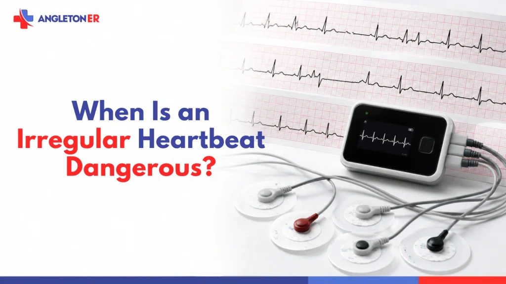 Irregular heartbeat warning signs featured image showing ECG heart rhythm tracings, cardiac monitoring equipment, and electrodes used to evaluate abnormal heart rhythms.