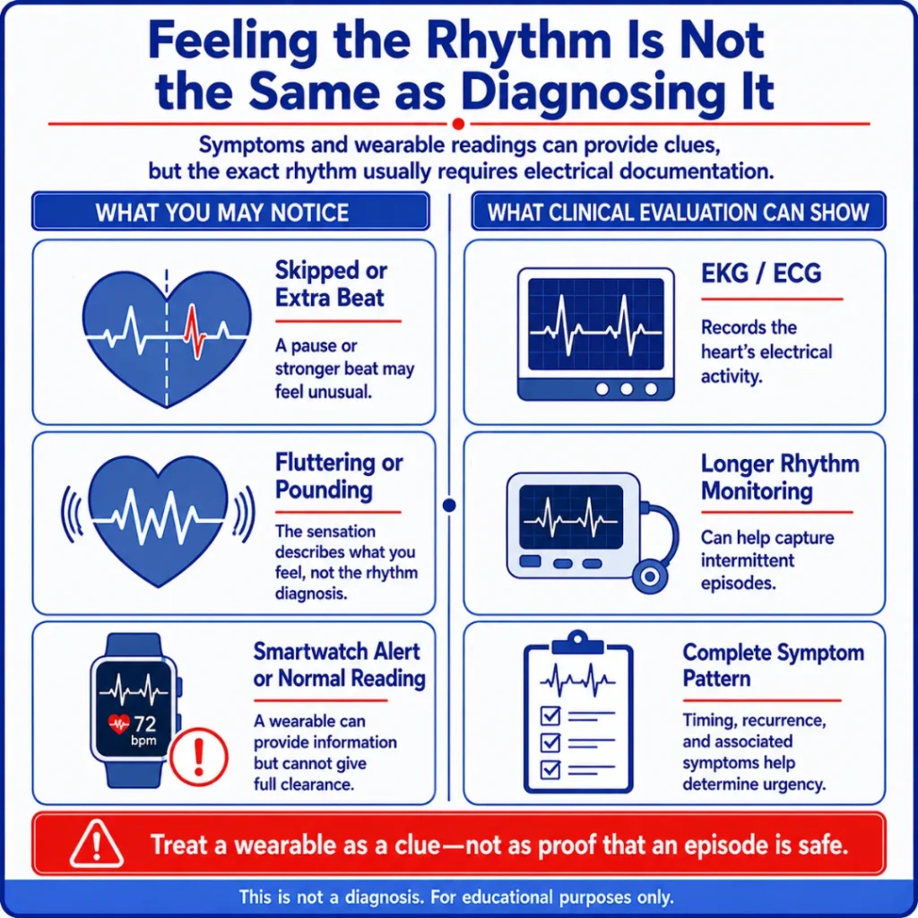 When Is an Irregular Heartbeat Dangerous? Warning Signs That Need Urgent Evaluation 2 Irregular heartbeat infographic comparing symptoms such as skipped beats, fluttering, or pounding with clinical evaluation using ECG, heart rhythm monitoring, and symptom history.